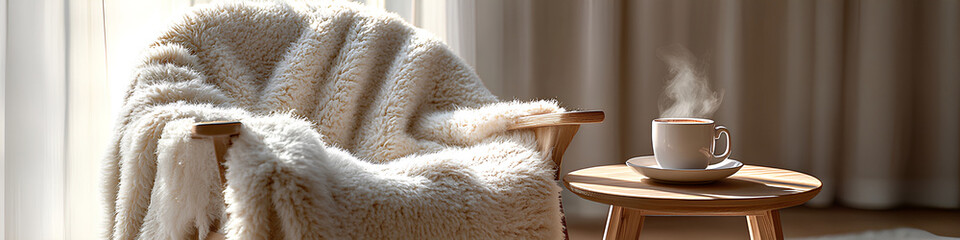 Cozy Wooden Chair with Soft Blanket and Steaming Cup of Coffee on a Wooden Table in Sunlit Room