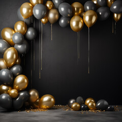 Birthday card, party invite, birthday invitation background with balloons in black and gold colors