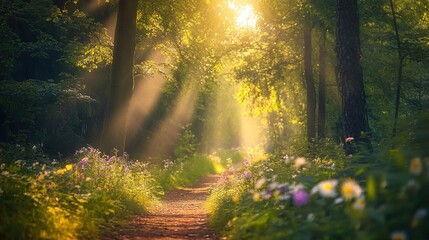 Fototapeta premium Serene Forest Path with Sunlight Rays
