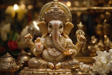 Fototapeta premium Lord Ganapati Sculpture: Religious Celebration with Traditional Indian Decor in Pune, 2019