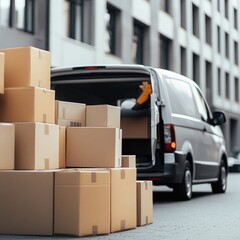 Delivery van unloading a stack of cardboard boxes in a city street during daylight hours