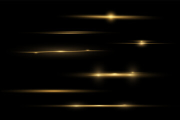 Gold horizontal lens flares pack. Laser beams, horizontal light rays. Beautiful light flares. Glowing streaks on light background. Light line effect gold png.	