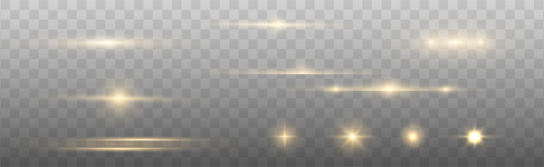 Gold horizontal lens flares pack. Laser beams, horizontal light rays. Beautiful light flares. Glowing streaks on light background. Light line effect gold png.	