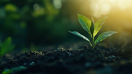 New Plant Growing in Sunlit Soil