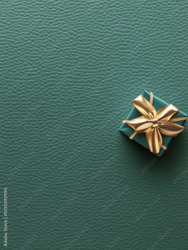 Poster Delicate gift box with a shimmering golden bow sits gracefully in the corner of a soft green textured surface, evoking a festive atmosphere. Generative AI