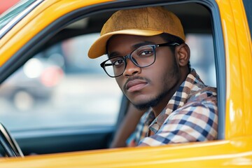 Taxi driver wearing glasses in yellow cab, looking serious, sitting in car window, close-up...