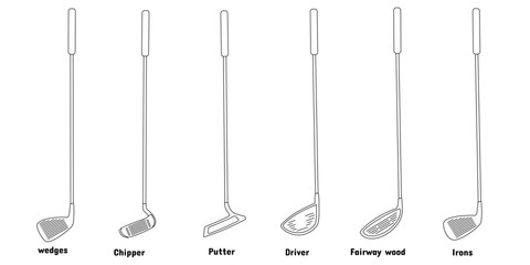 golf stick set design, outline style, various types and names. drivers, fairways, chippers, widgets, putters, irons. editable vector eps 10.