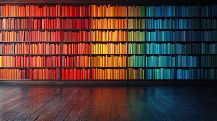 Fototapeta premium Library with colorful book spines arranged neatly on polished wooden shelves