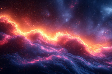 Fototapeta premium An abstract cloud of particles glowing in neon colors, moving dynamically across a black background,