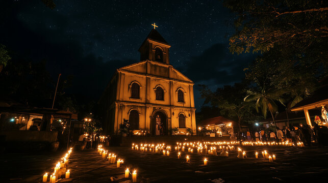 The old church is lit up with candles and parol stars, Simbang Gabi is taking place, the congregation gathers in the church yard with the night sky full of stars, Ai generated images
