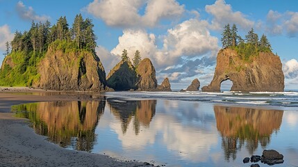 Fototapeta premium Breathtaking photograph showcasing a serene coastal landscape with towering rugged cliffs and crashing waves against a dramatic sky