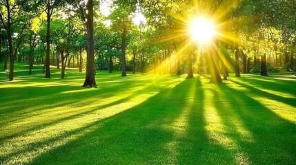 A serene and enchanting photograph capturing a tranquil forest clearing where sunlight gently filters through the lush verdant canopy of trees creating a peaceful and soothing atmosphere