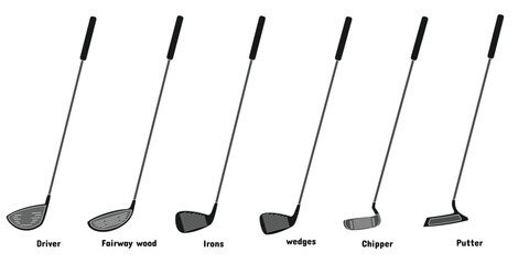 golf stick set design, various types and names. drivers, fairways, chippers, widgets, putters, irons. editable vector eps 10.