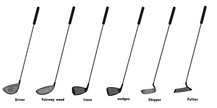 golf stick set design, various types and names. drivers, fairways, chippers, widgets, putters, irons. editable vector eps 10.