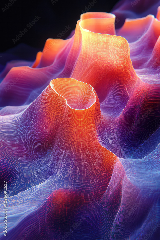 Poster a fluid 3d surface pattern with wavy lines in gradient hues, creating an abstract, undulating textur