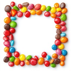 Colorful candy border arranged in a decorative frame with vibrant jelly beans and chocolates on a white background