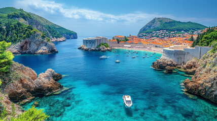 Fototapeta premium Dubrovnik landscape. / Aerial view at famous european travel destination in Croatia, Dubrovnik old town,daylight
