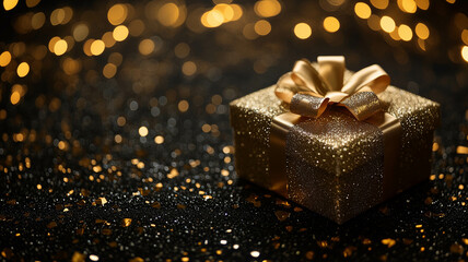 A beautifully wrapped gift box, glowing softly in the center of a black and gold background, perfect for holiday or special occasion themes