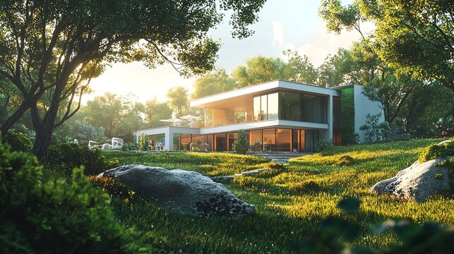 Modern Modular Home Design with Stylish Exterior Featuring Large Windows and Blend of Wood and Stone Elements