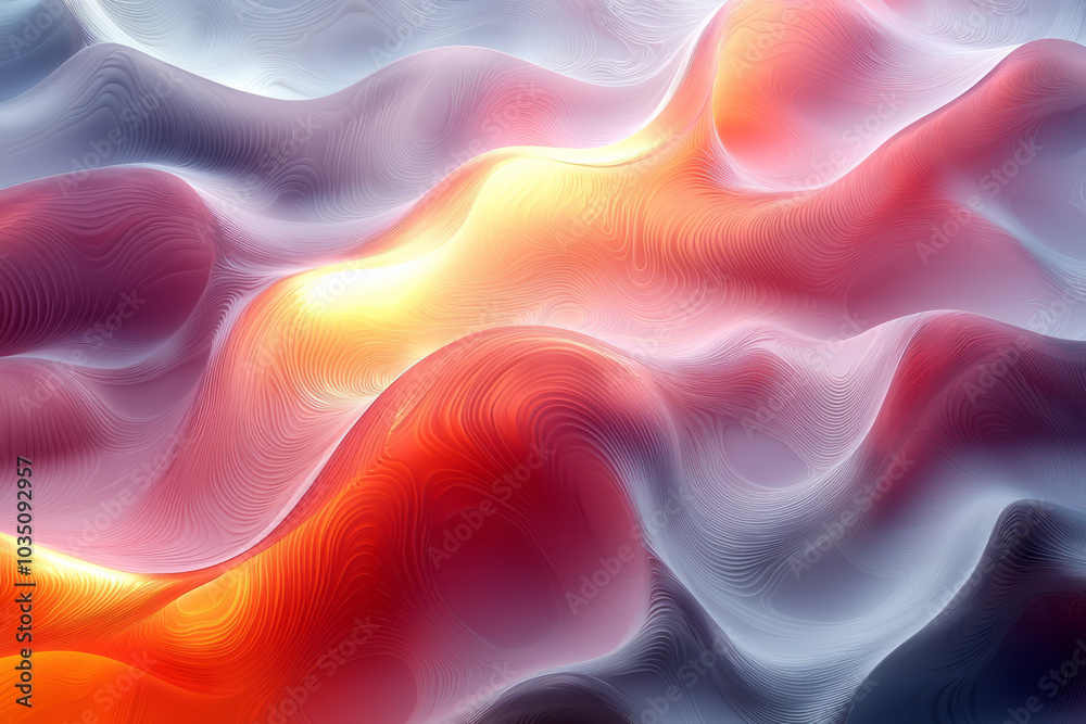 Poster a modern 3d abstract pattern with undulating wavy lines in gradient colors, forming a flowing surfac