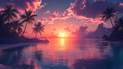 Beautiful tropical beach with palm trees silhouettes at dusk.