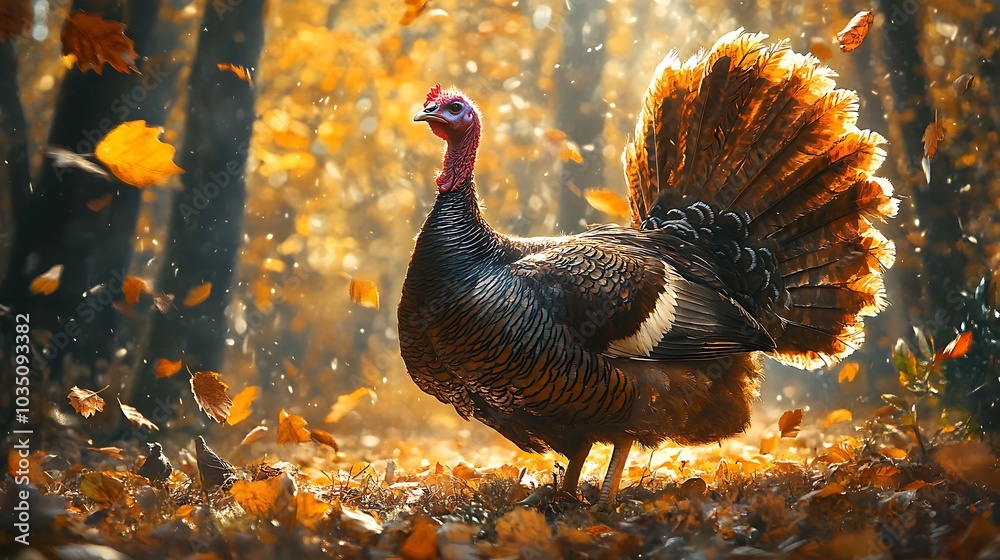 Canvas Prints A close-up of a turkey in the middle of an autumn forest, its feathers fanned out in vibrant colors, with the forest bathed in golden light and leaves gently falling from the trees,