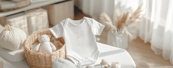 A cozy nursery scene featuring a white baby onesie, soft teddy bear, and natural decor elements inviting warmth and comfort.