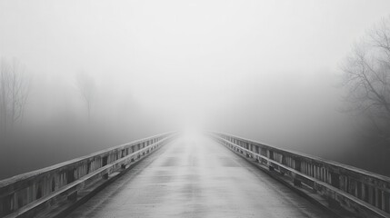 A desolate road disappears into the dense fog on a misty morning. The bridge stretches ahead, shrouded in mystery.