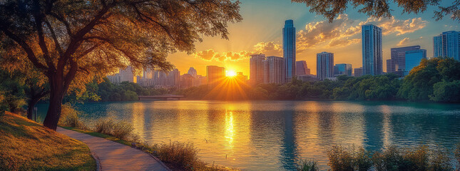 Austin, Texas, USA cityscape on the river and walkway at sunset