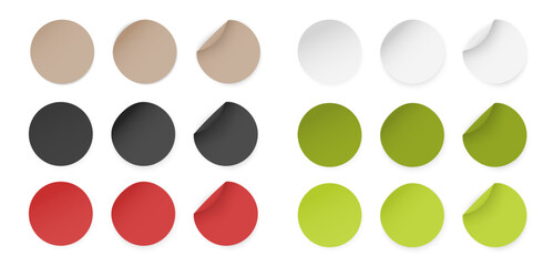 Round Paper Stickers with Peeling Corner, Red Green Black and White Adhesive Labels, Circular Badge Set, Isolated vector Mockup