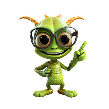 Cute green alien with glasses, isolated on white background