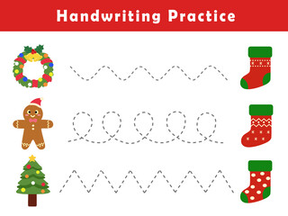 Handwriting practice sheet with cute christmas illustration . Basic writing. Educational game for children. Handwriting practice worksheets for kids.