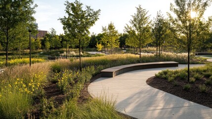 A curved concrete pathway winds through a park, lined with green grass and trees. A wooden bench sits on the path, facing the green expanse.