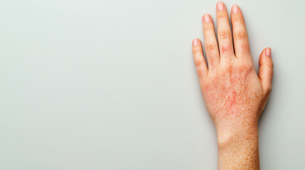 Hand with skin condition on gray background