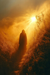 Fototapeta premium A warm light penetrating through a heavy fog, casting long shadows and creating a magical atmosphere,