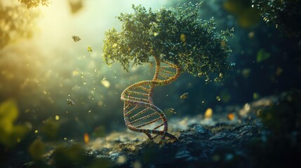 The Tree of Life combines natural and synthetic DNA strands to symbolize the fusion of biology and bioengineering.