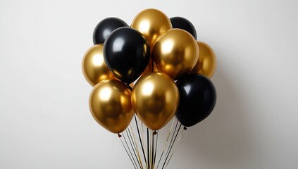 Black and gold balloons on a pristine white background, perfect for luxury event marketing, VIP party designs, or upscale celebration visuals that evoke elegance and style.