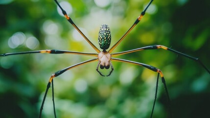 A large, green and yellow spider with long legs, close-up, in front of a blurred green background.