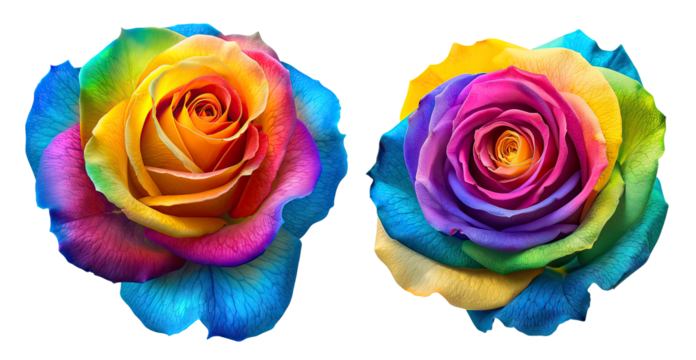 Colorful rainbow roses, isolated on white background