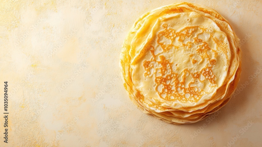 Poster A inviting stack of freshly made golden crepes sits on a textured surface, ideal for culinary presentations or recipes. Generative AI