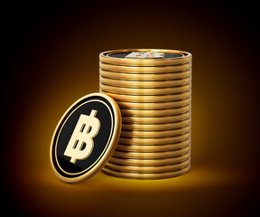 Stack Of Golden And Black Thailand Baht Coins Set On Shiny Golden Glow Background 3d Illustration