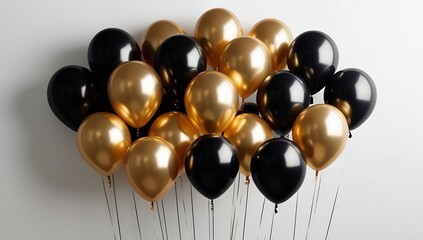 gold and black balloons floating against a white backdrop. An ideal image for luxury-themed events, VIP parties, and elegant occasions requiring a touch of sophistication.