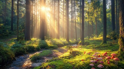 A tranquil forest scene with sun rays filtering through tall trees, a small creek winding through the underbrush, and colorful mushrooms dotting the ground