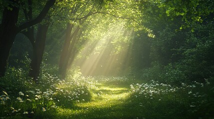 Obraz premium Serene Forest Pathway with Sunlight and Greenery