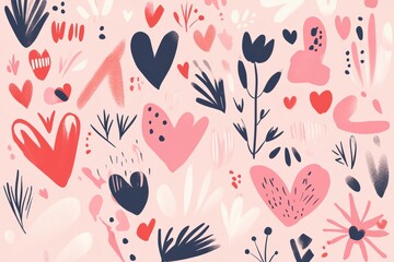 Colorful heart and flower patterns on a soft pink background create a vibrant and cheerful decorative design for events or celebrations