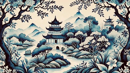 Obraz premium A chinoiserie-style wallpaper featuring a blue and white landscape.