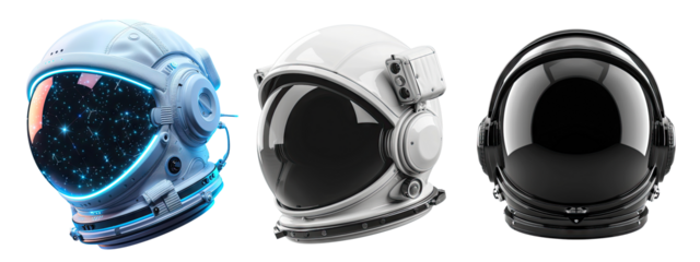 Futuristic astronaut helmets, isolated on white background