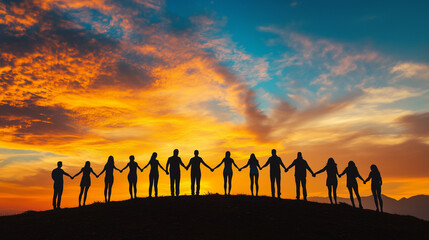 A group of silhouetted people holding hands, standing on a hilltop, with a dramatic sunset casting long shadows. v2