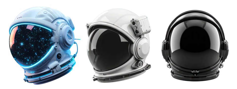 Futuristic astronaut helmets, isolated on white background