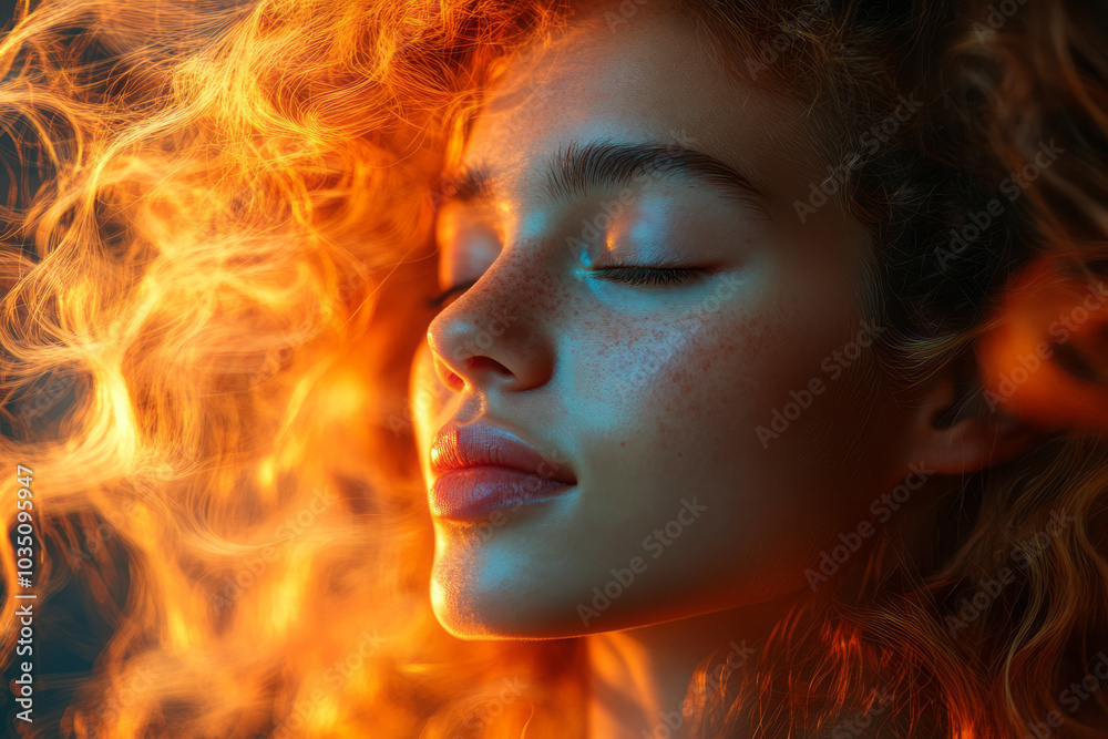 Poster an abstract portrait expressing joy, with vibrant swirling colors and dynamic shapes radiating energ